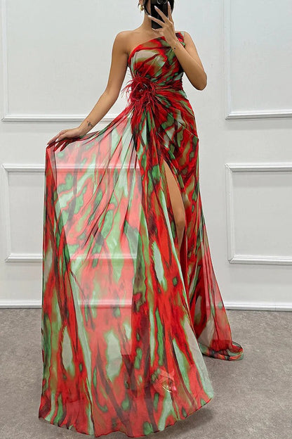 Illyra - Off-shoulder maxi-jurk met split en print